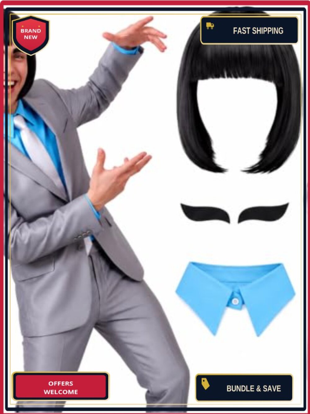 4 Pcs Halloween Villain Costume Set Wig Eyebrows Collar Tie Cosplay